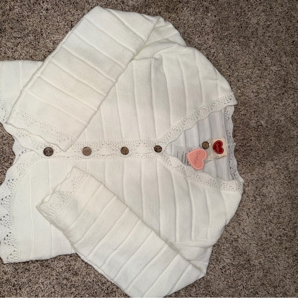 White Lace-Trim Button Cardigan Sweater - Women's